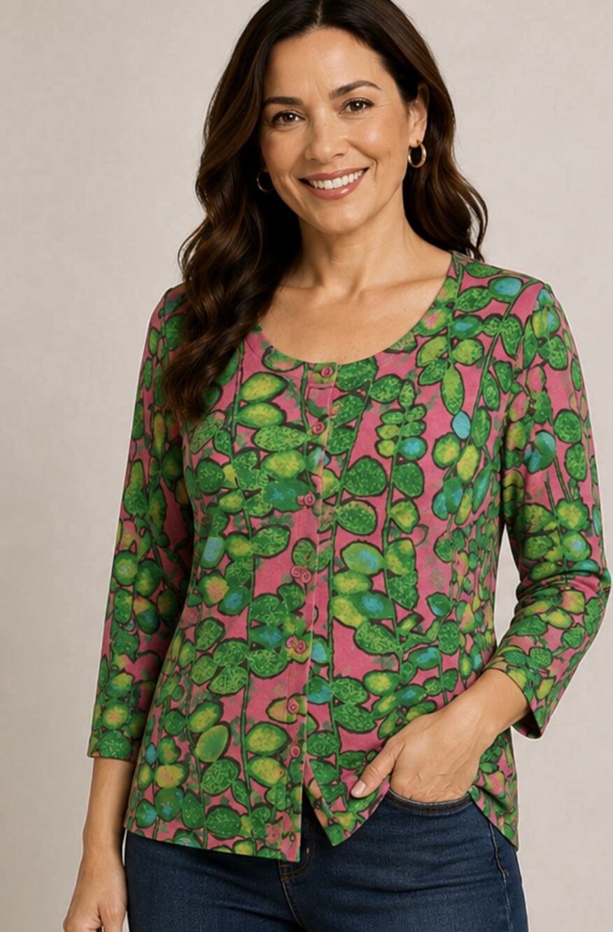 Garnet Hill Womens Merino Wool Cardigan Sweater Size XL Pink Green Leaf Print